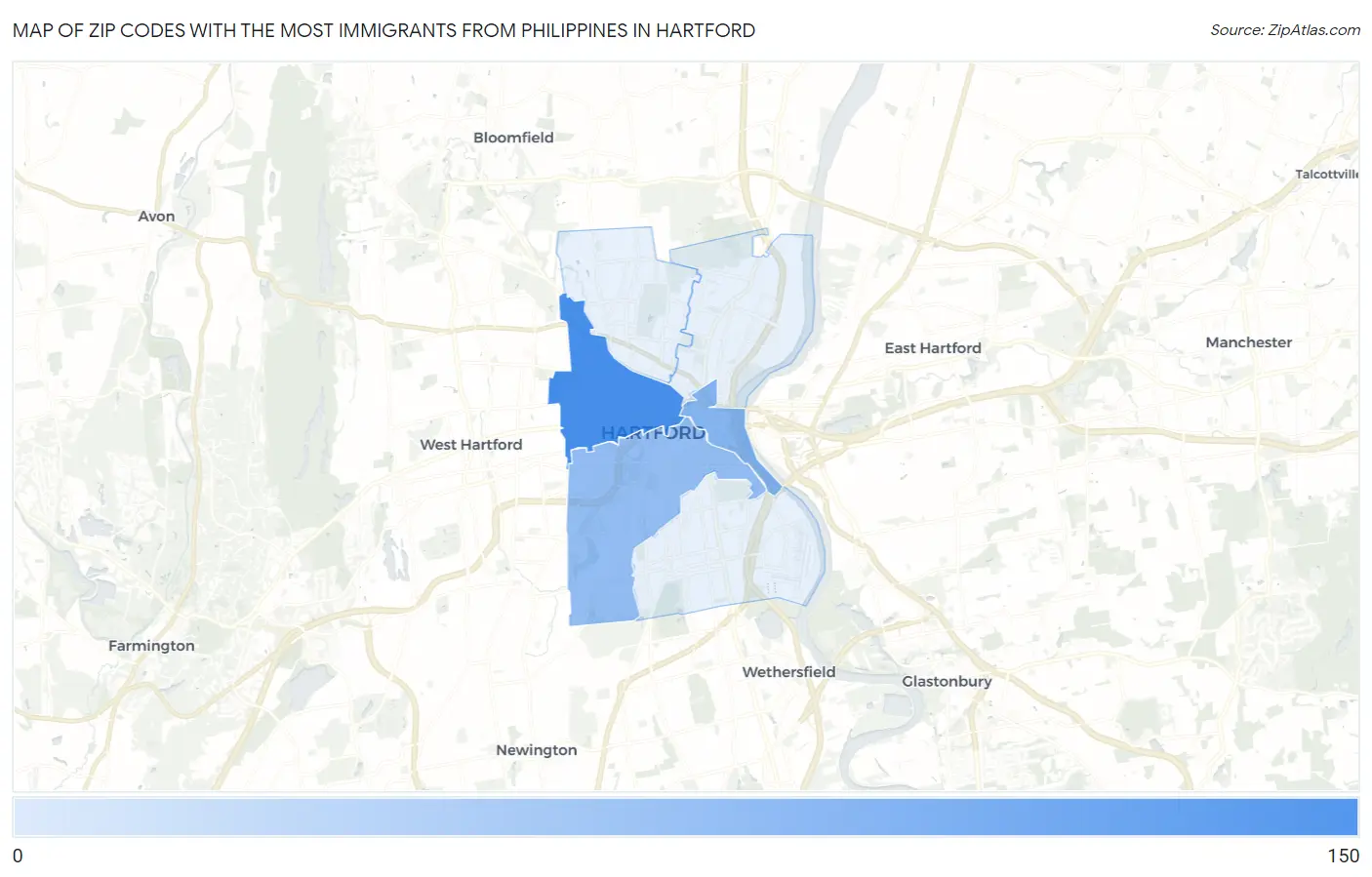 Zip Codes with the Most Immigrants from Philippines in Hartford Map