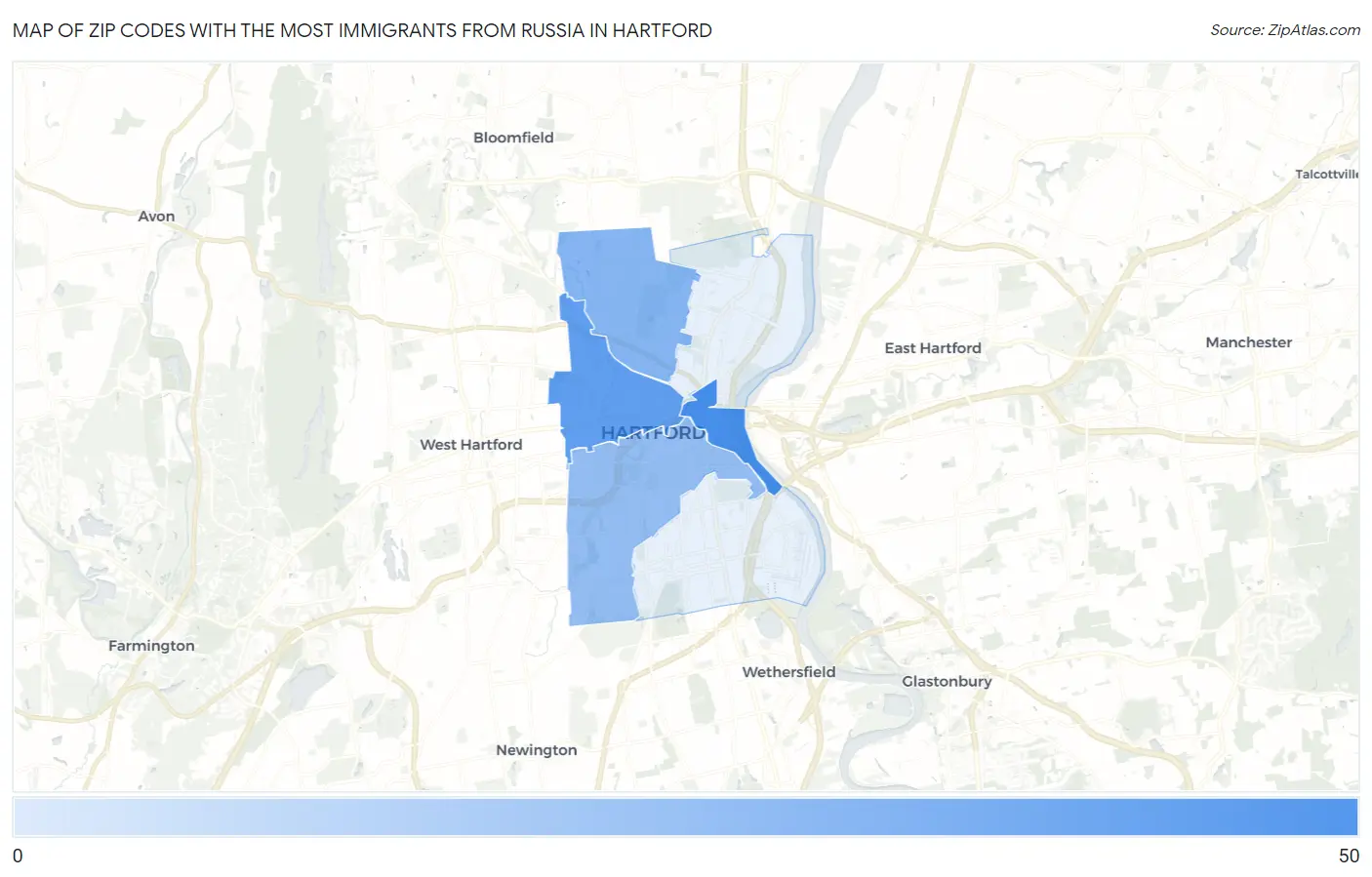Zip Codes with the Most Immigrants from Russia in Hartford Map