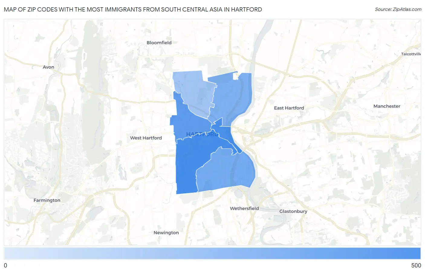Zip Codes with the Most Immigrants from South Central Asia in Hartford Map