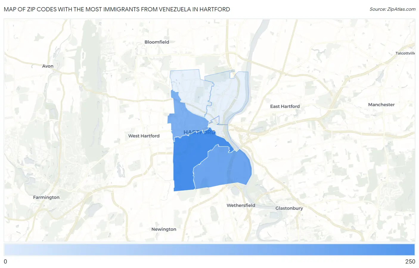 Zip Codes with the Most Immigrants from Venezuela in Hartford Map