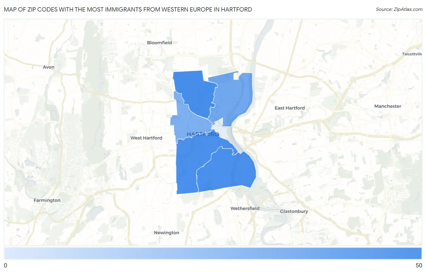 Zip Codes with the Most Immigrants from Western Europe in Hartford Map
