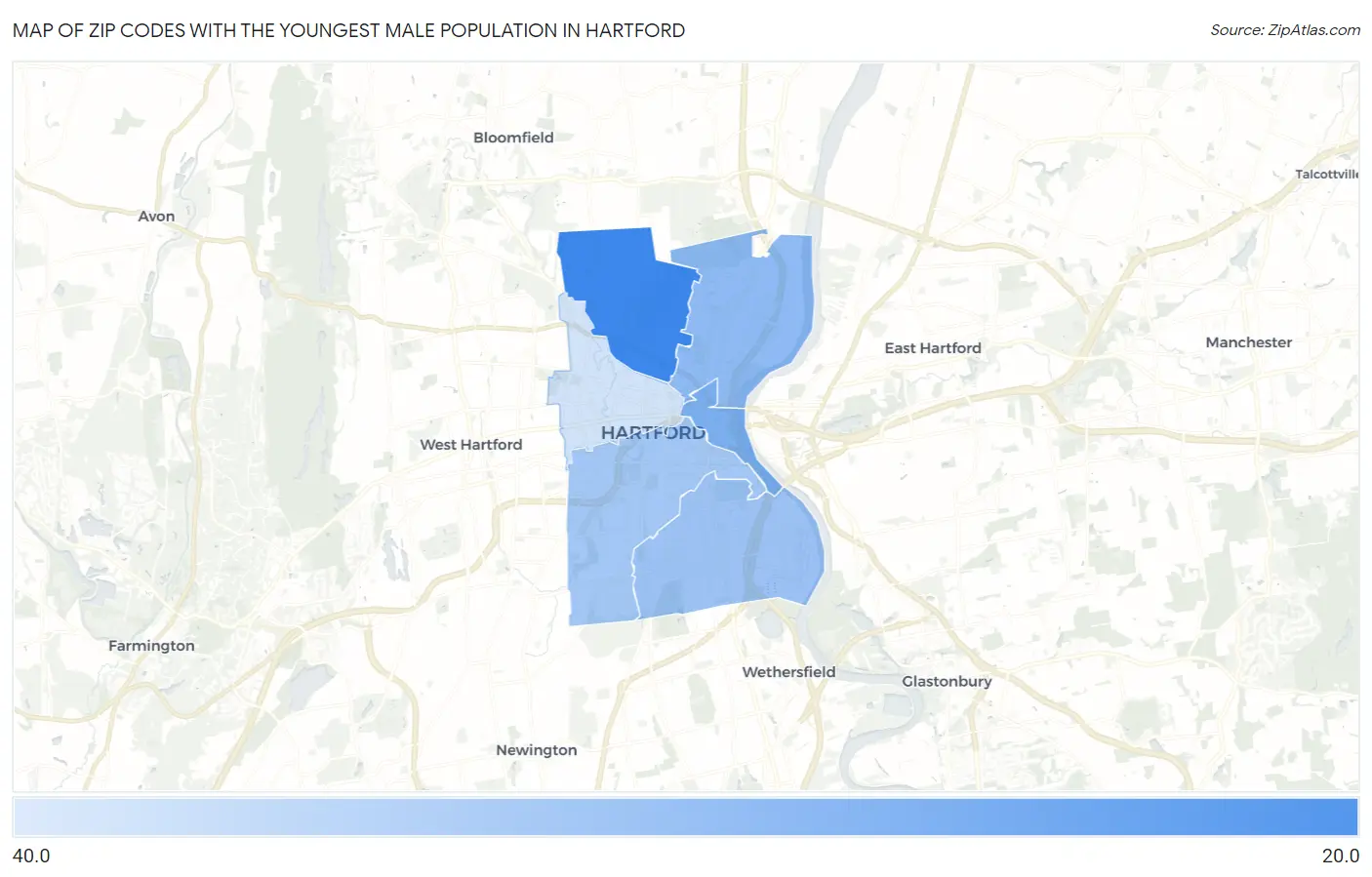 Zip Codes with the Youngest Male Population in Hartford Map