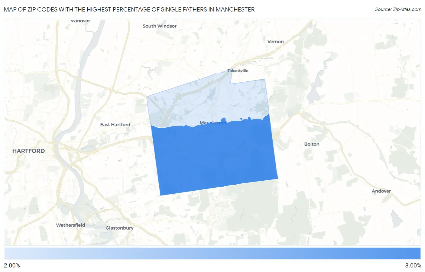 Zip Codes with the Highest Percentage of Single Fathers in Manchester Map