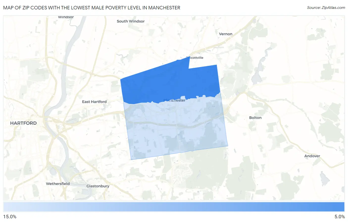 Zip Codes with the Lowest Male Poverty Level in Manchester Map