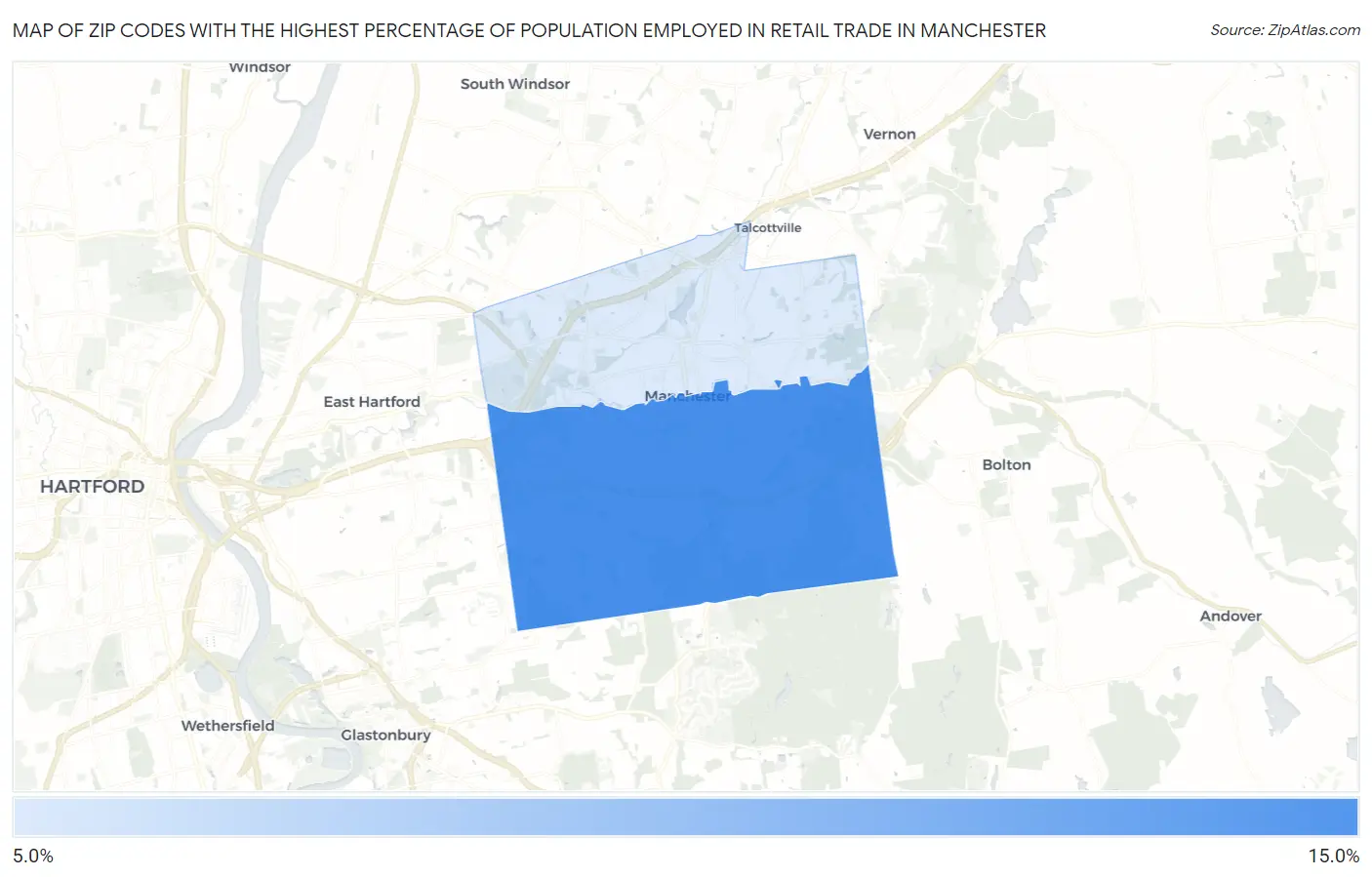 Zip Codes with the Highest Percentage of Population Employed in Retail Trade in Manchester Map