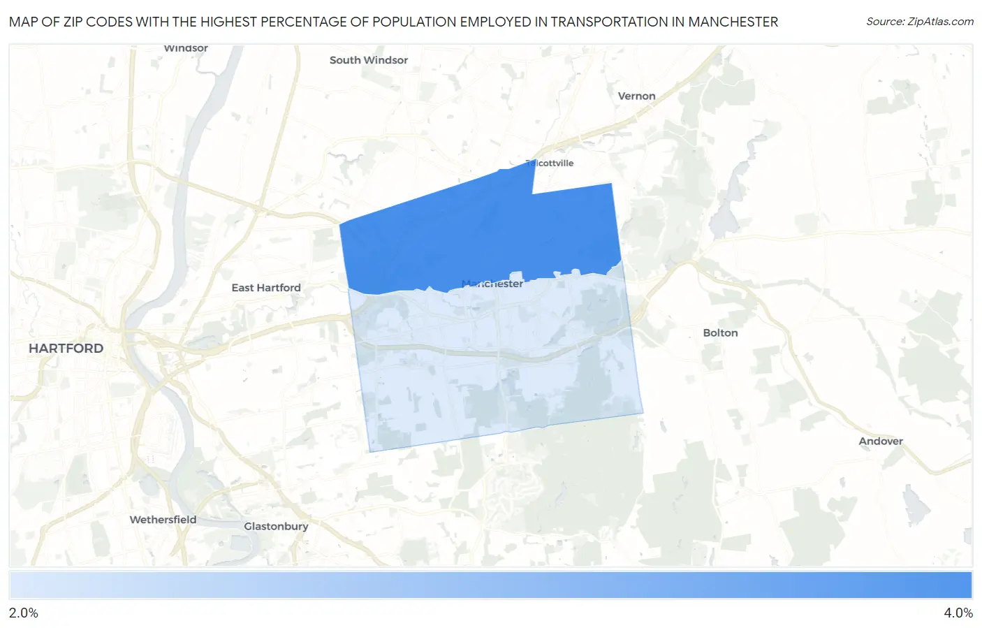 Zip Codes with the Highest Percentage of Population Employed in Transportation in Manchester Map