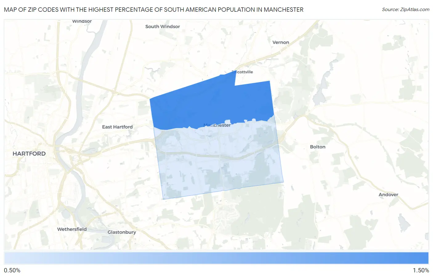 Zip Codes with the Highest Percentage of South American Population in Manchester Map