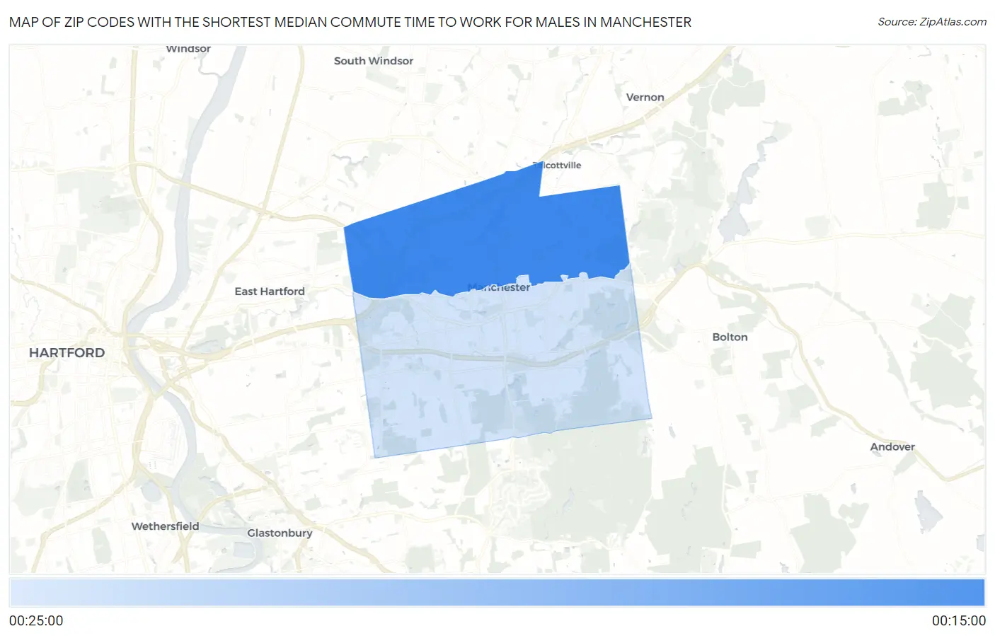 Zip Codes with the Shortest Median Commute Time to Work for Males in Manchester Map