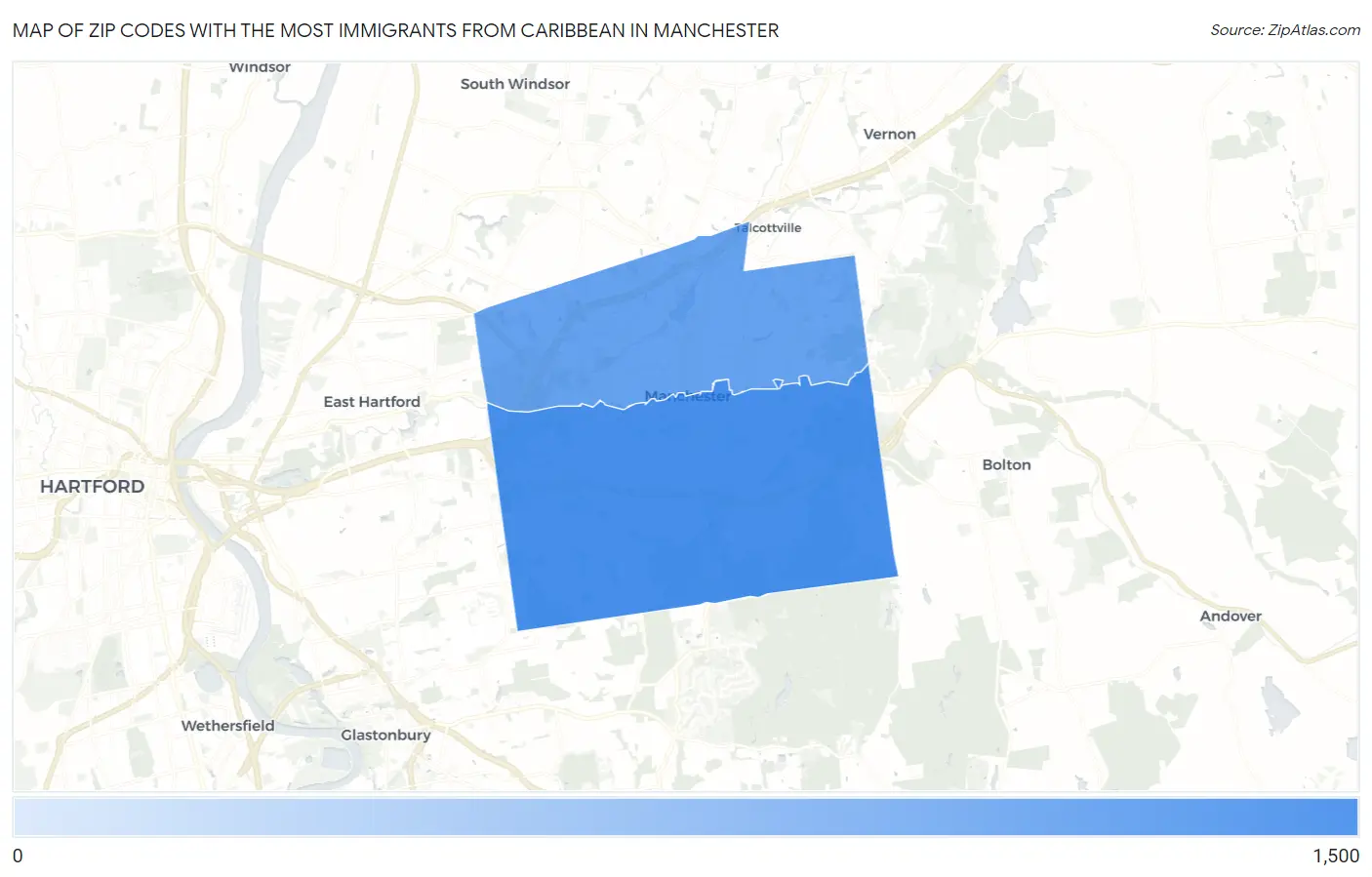 Zip Codes with the Most Immigrants from Caribbean in Manchester Map