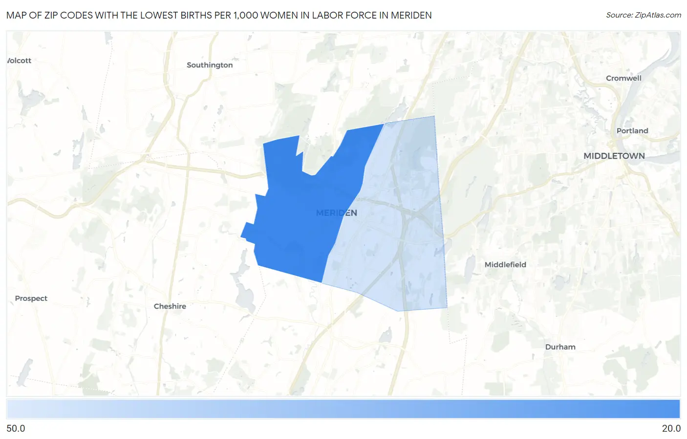 Zip Codes with the Lowest Births per 1,000 Women in Labor Force in Meriden Map