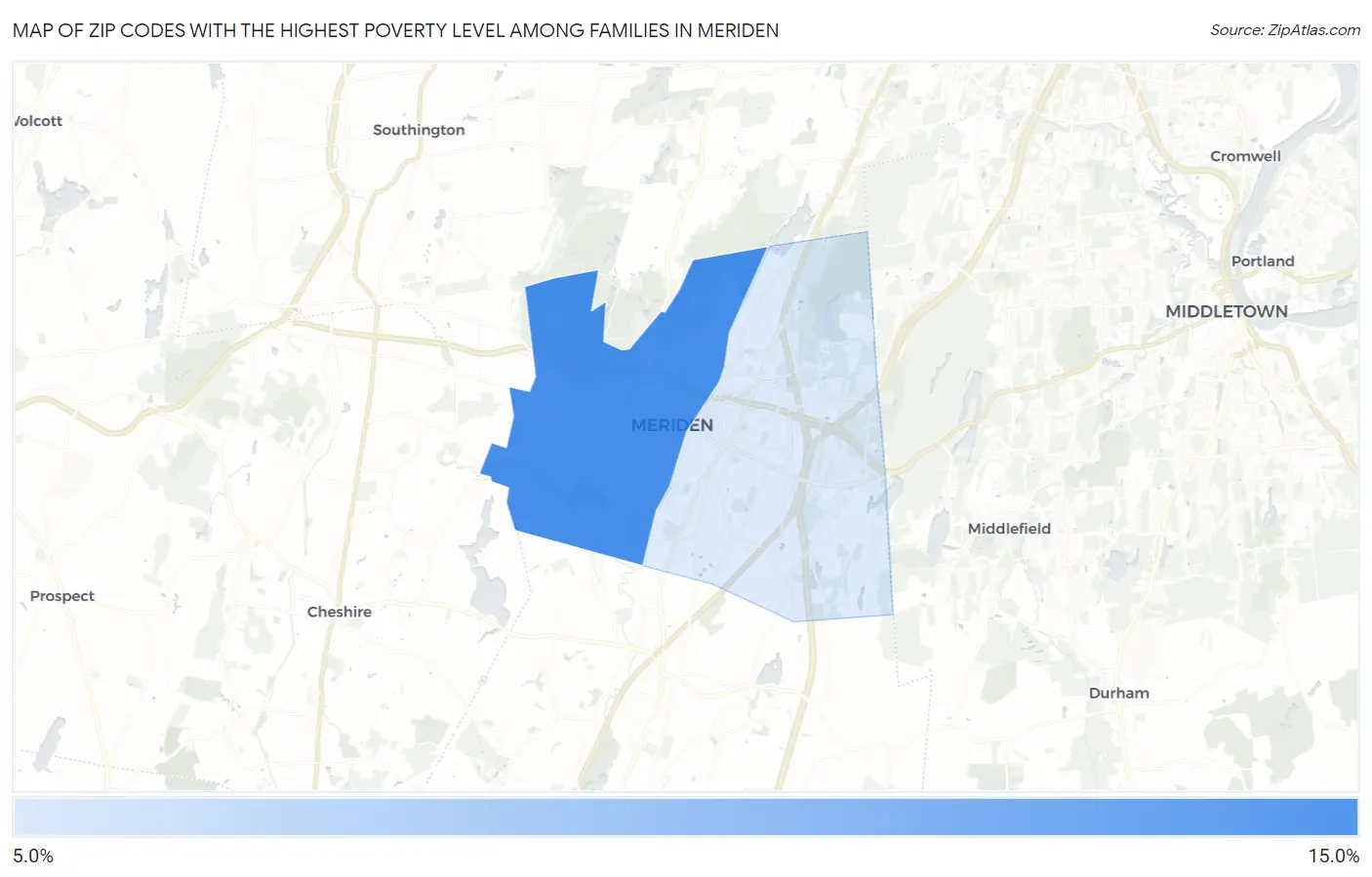 Zip Codes with the Highest Poverty Level Among Families in Meriden Map