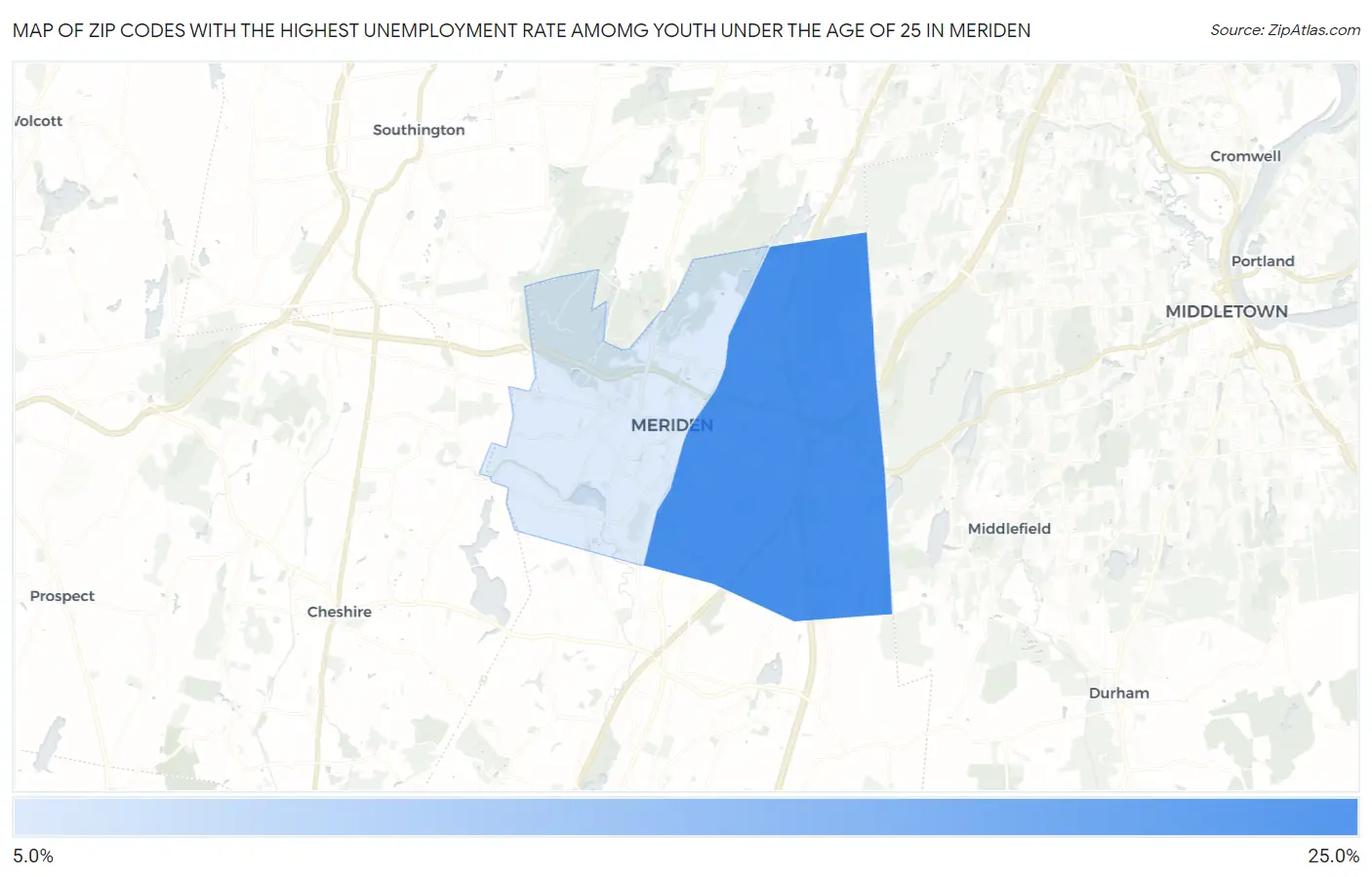 Zip Codes with the Highest Unemployment Rate Amomg Youth Under the Age of 25 in Meriden Map