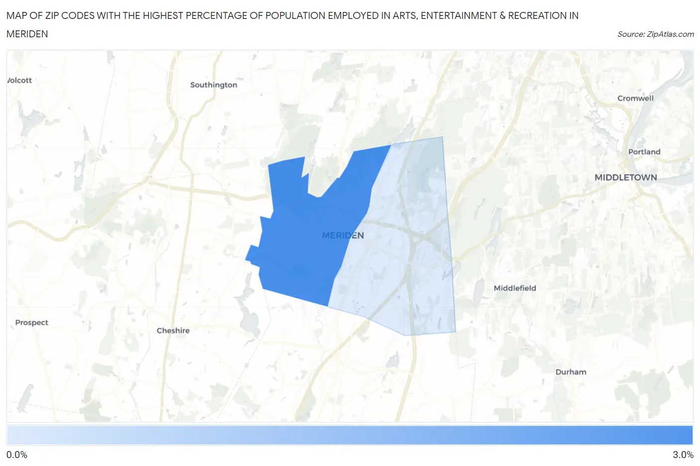 Zip Codes with the Highest Percentage of Population Employed in Arts, Entertainment & Recreation in Meriden Map