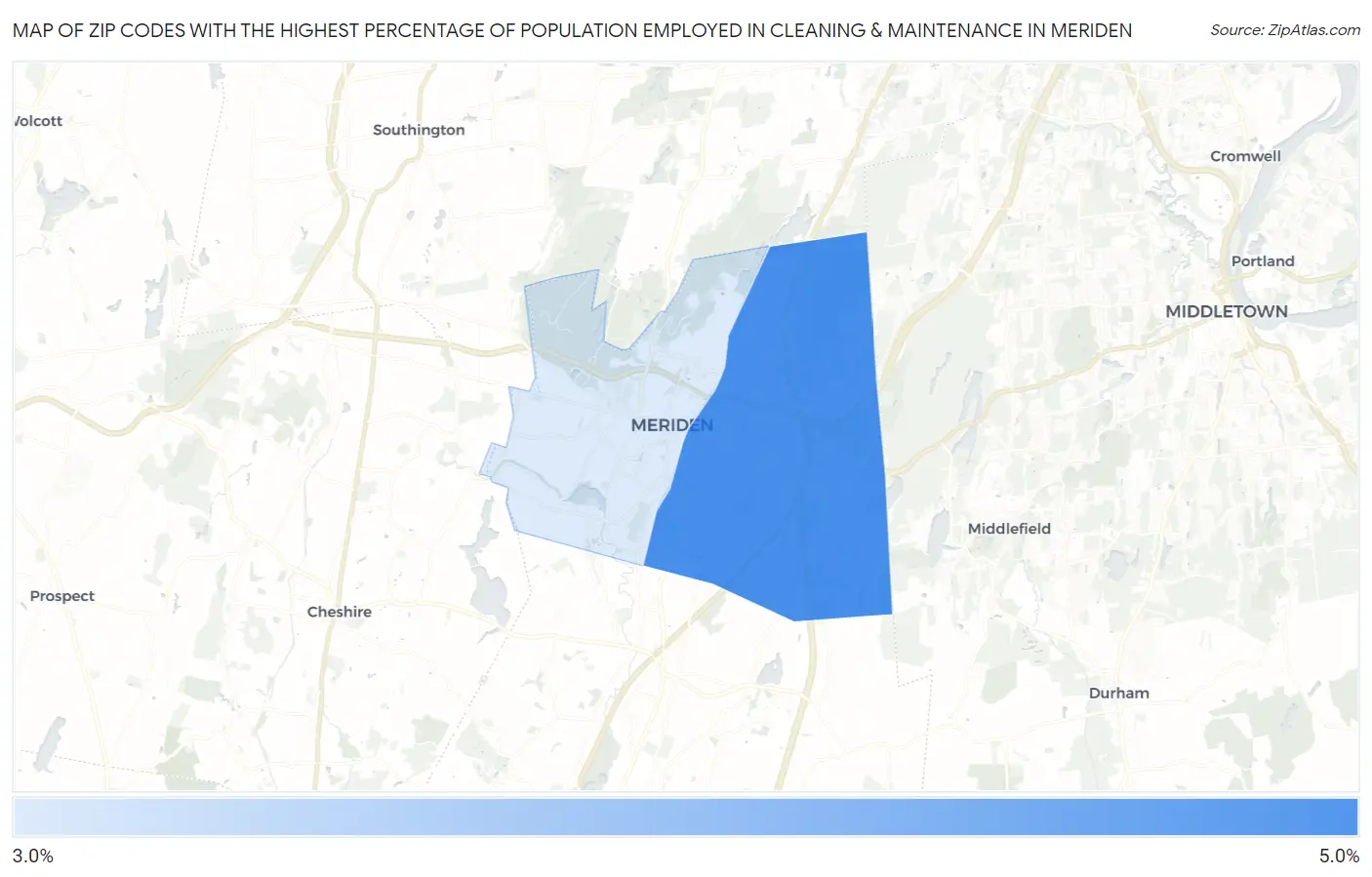 Zip Codes with the Highest Percentage of Population Employed in Cleaning & Maintenance in Meriden Map