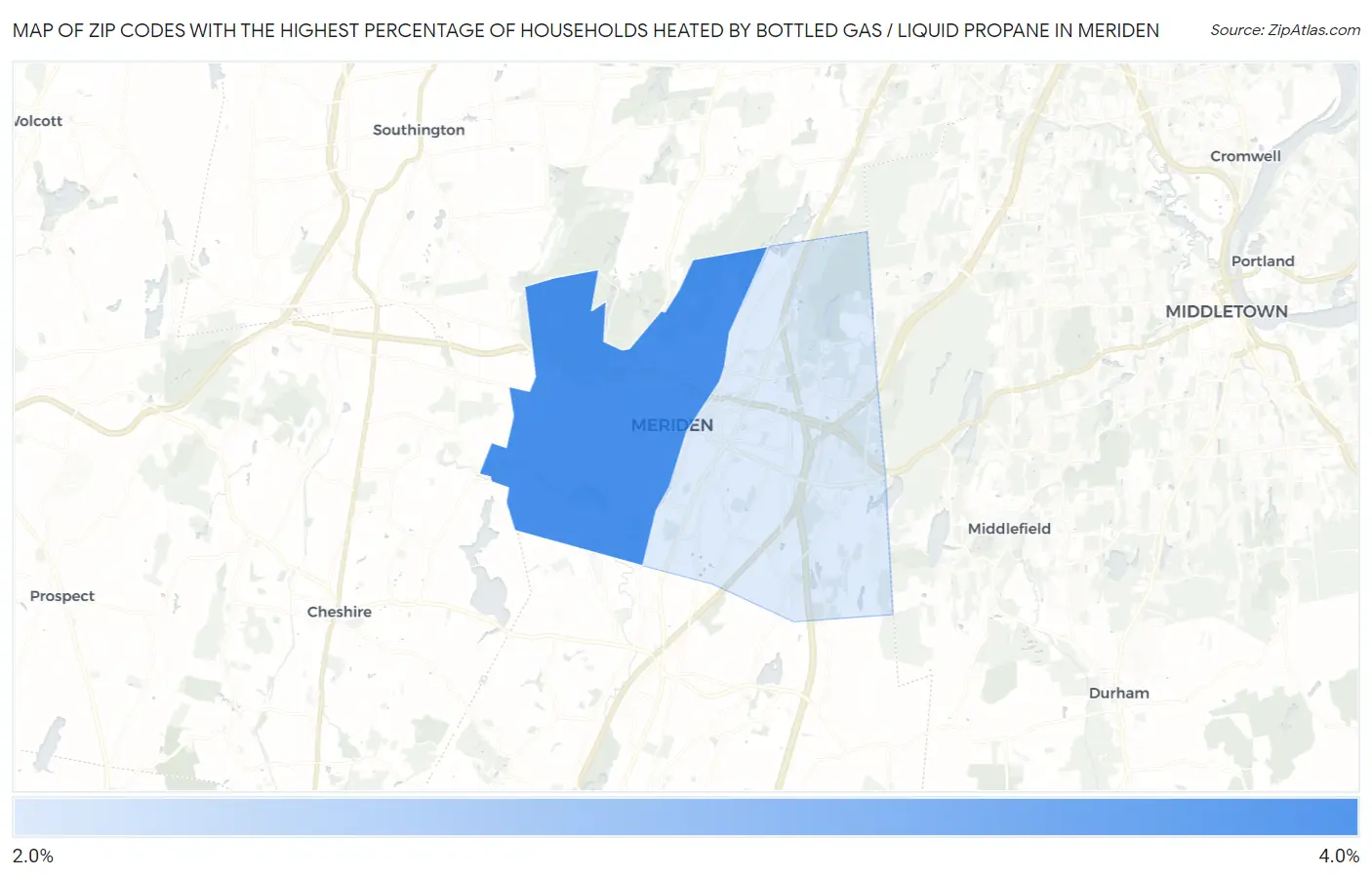 Zip Codes with the Highest Percentage of Households Heated by Bottled Gas / Liquid Propane in Meriden Map