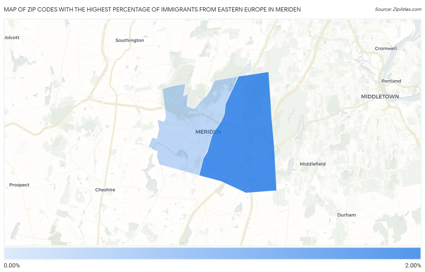 Zip Codes with the Highest Percentage of Immigrants from Eastern Europe in Meriden Map