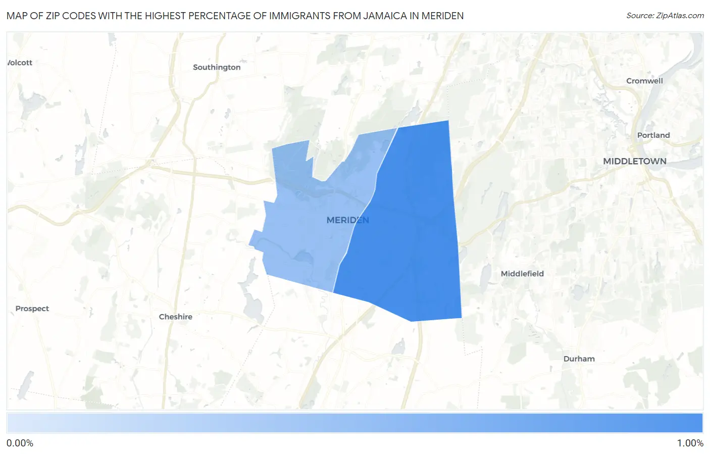 Zip Codes with the Highest Percentage of Immigrants from Jamaica in Meriden Map