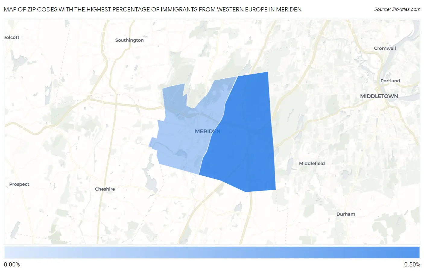 Zip Codes with the Highest Percentage of Immigrants from Western Europe in Meriden Map