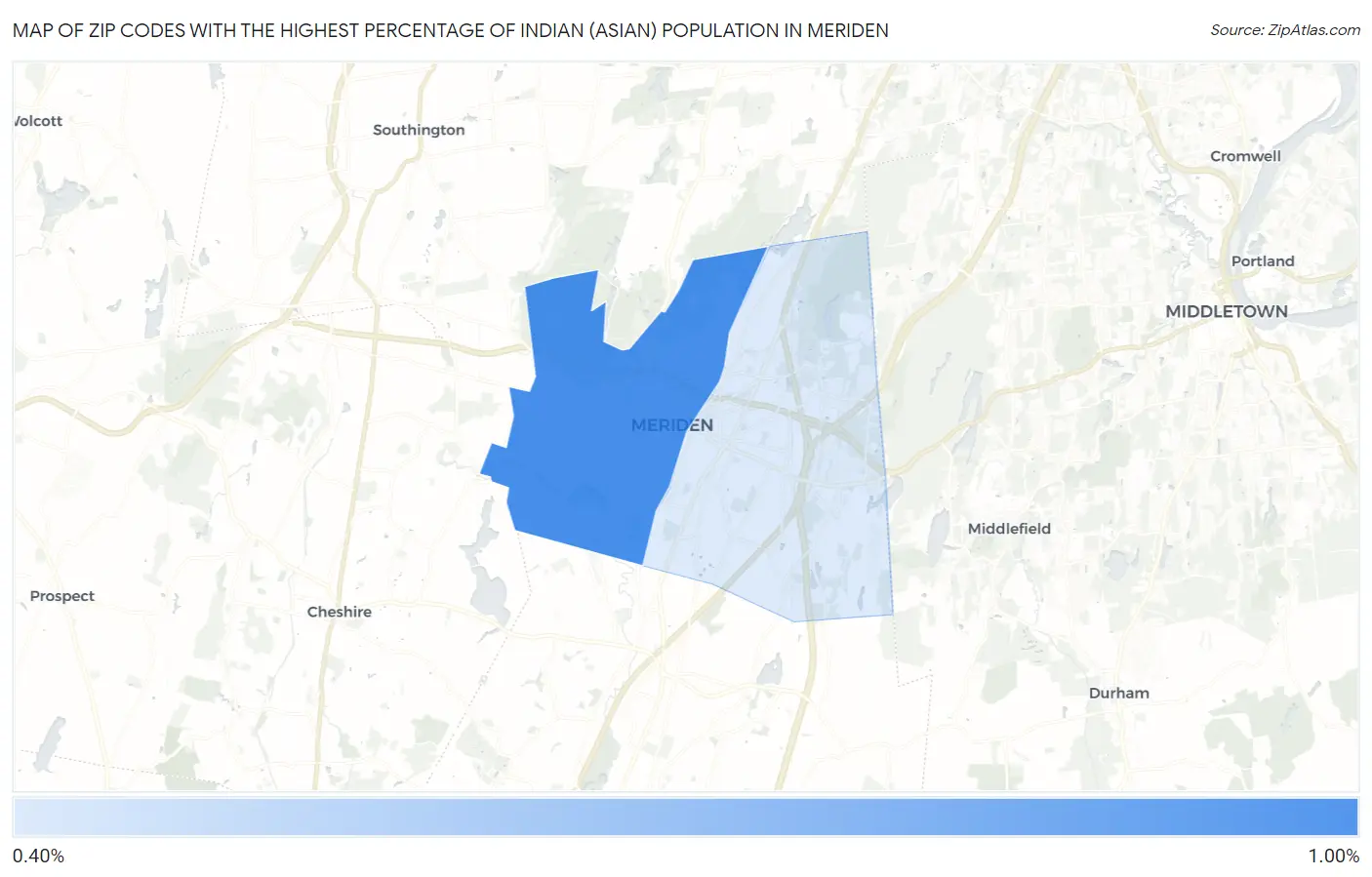 Zip Codes with the Highest Percentage of Indian (Asian) Population in Meriden Map