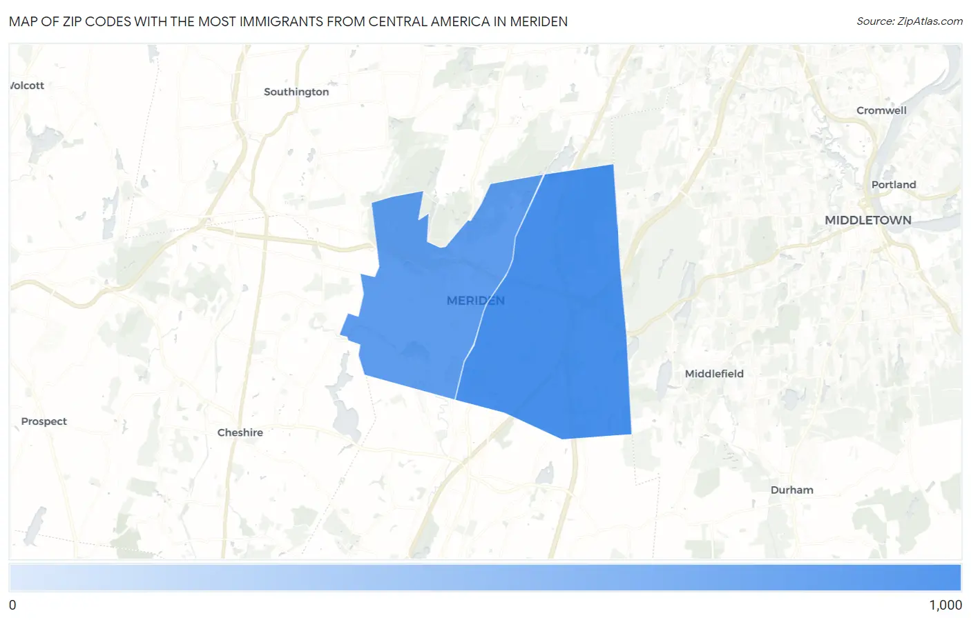 Zip Codes with the Most Immigrants from Central America in Meriden Map