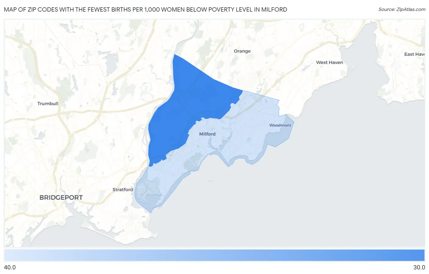 Zip Codes with the Fewest Births per 1,000 Women Below Poverty Level in Milford Map