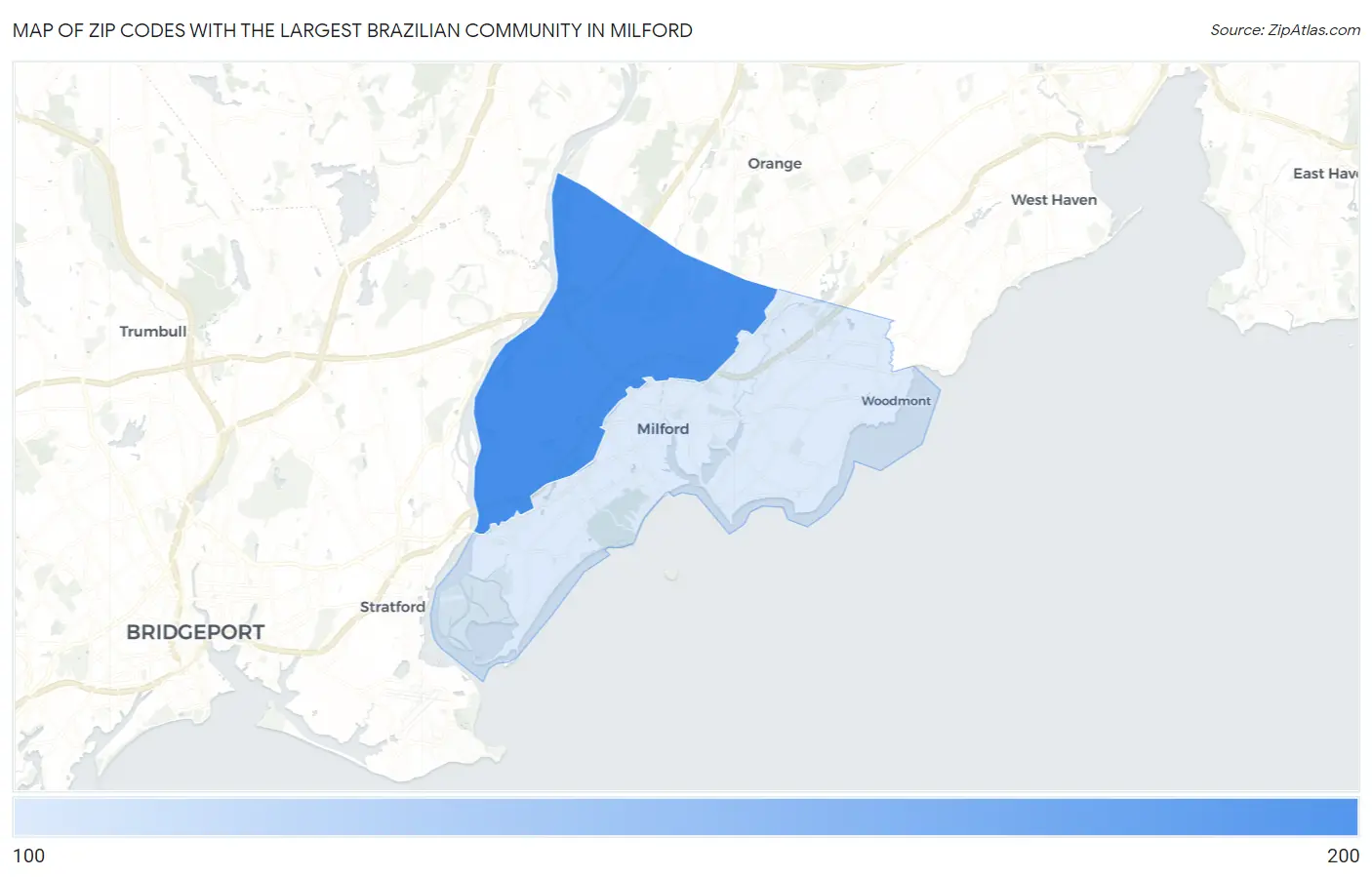 Zip Codes with the Largest Brazilian Community in Milford Map