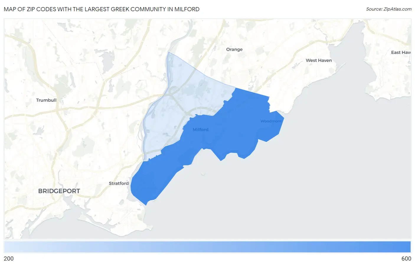 Zip Codes with the Largest Greek Community in Milford Map