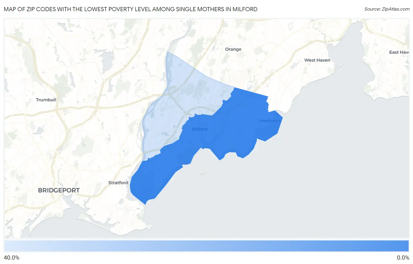 Zip Codes with the Lowest Poverty Level Among Single Mothers in Milford Map