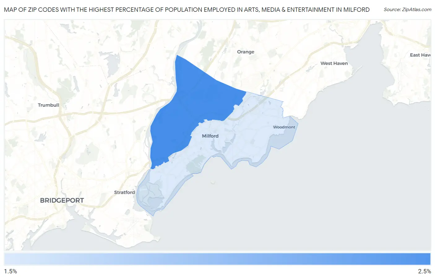 Zip Codes with the Highest Percentage of Population Employed in Arts, Media & Entertainment in Milford Map