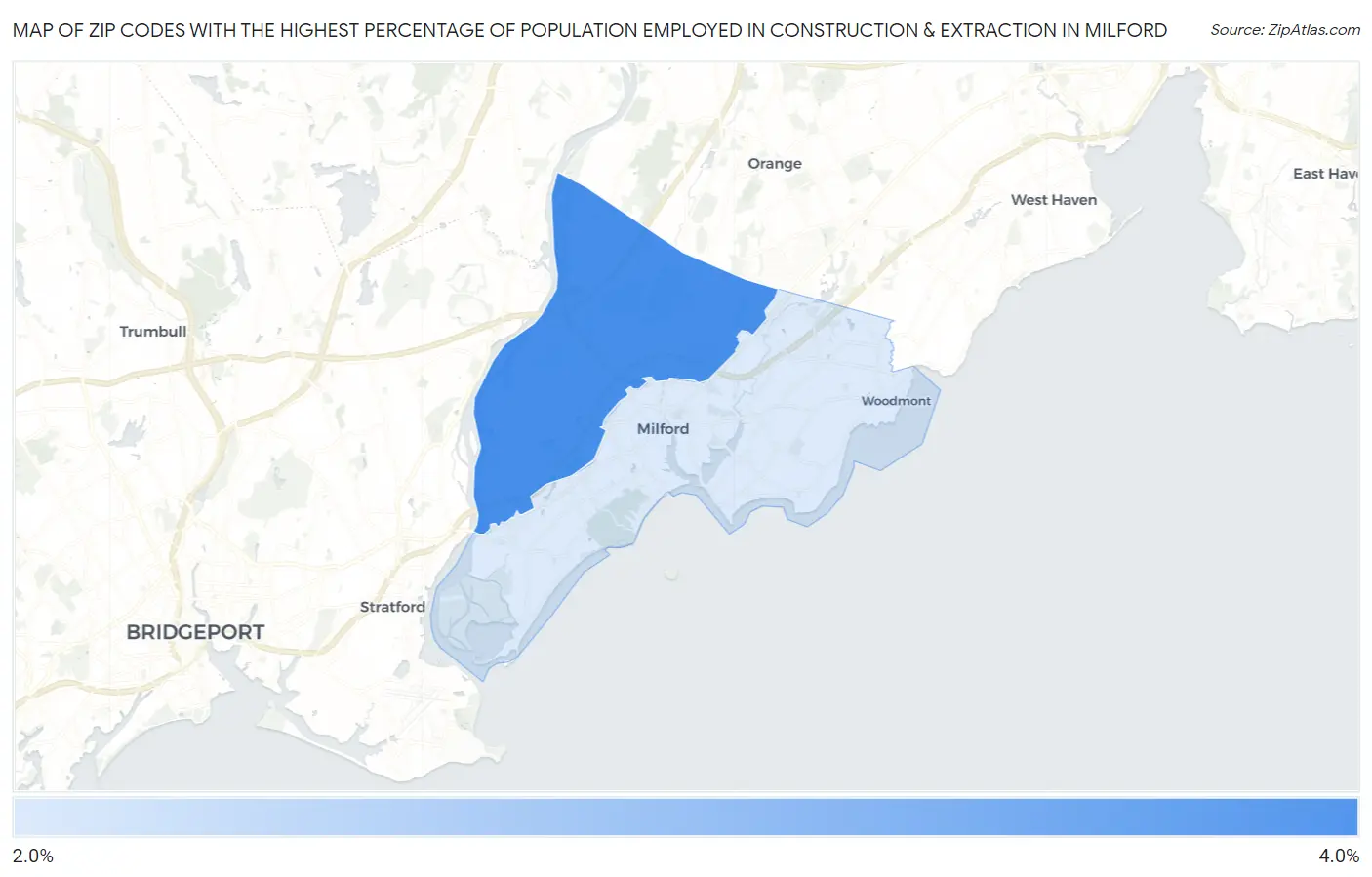 Zip Codes with the Highest Percentage of Population Employed in Construction & Extraction in Milford Map