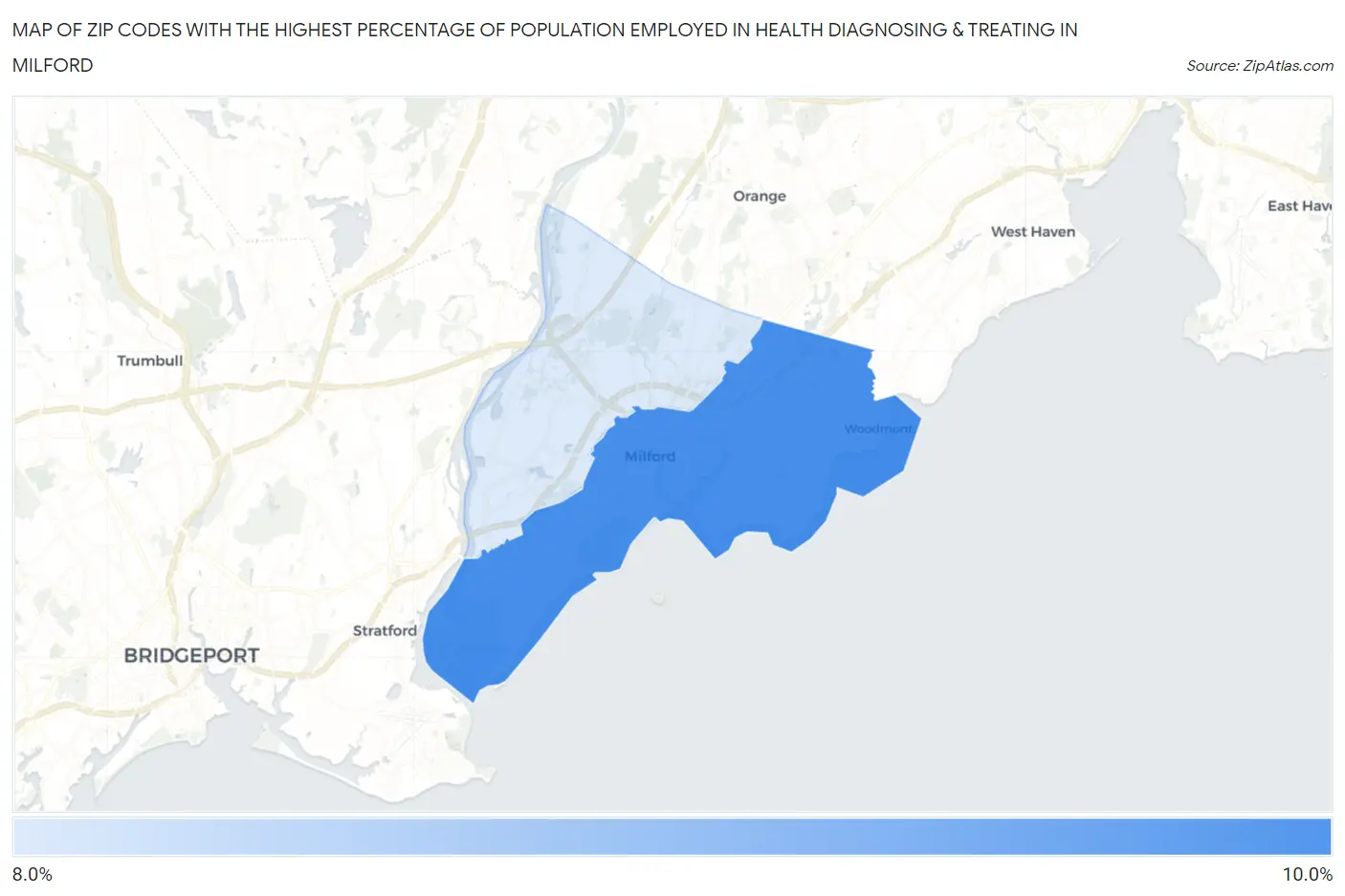 Zip Codes with the Highest Percentage of Population Employed in Health Diagnosing & Treating in Milford Map