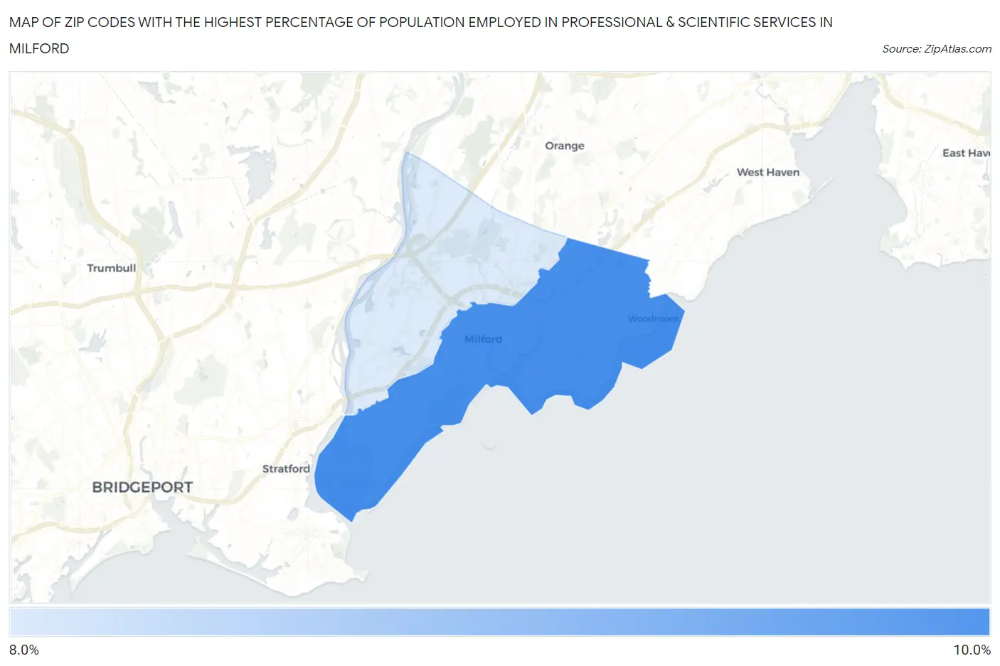 Zip Codes with the Highest Percentage of Population Employed in Professional & Scientific Services in Milford Map