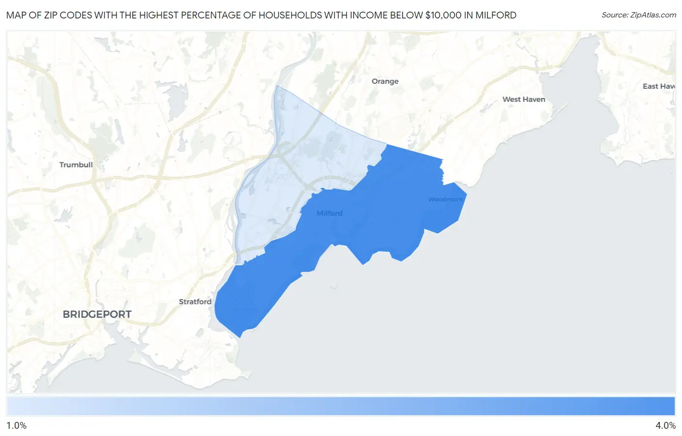 Zip Codes with the Highest Percentage of Households with Income Below $10,000 in Milford Map