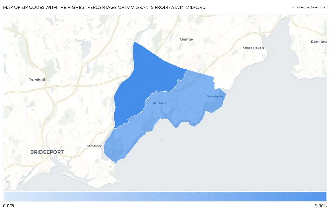 Zip Codes with the Highest Percentage of Immigrants from Asia in Milford Map