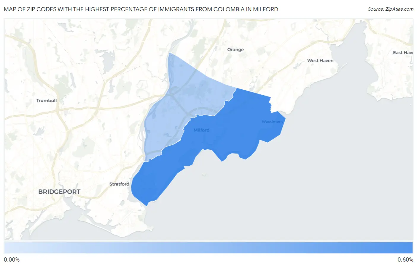 Zip Codes with the Highest Percentage of Immigrants from Colombia in Milford Map