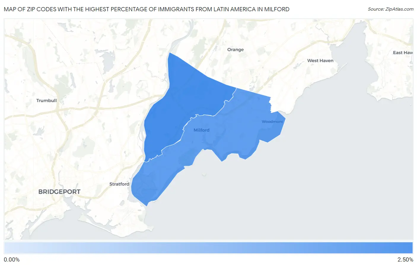 Zip Codes with the Highest Percentage of Immigrants from Latin America in Milford Map