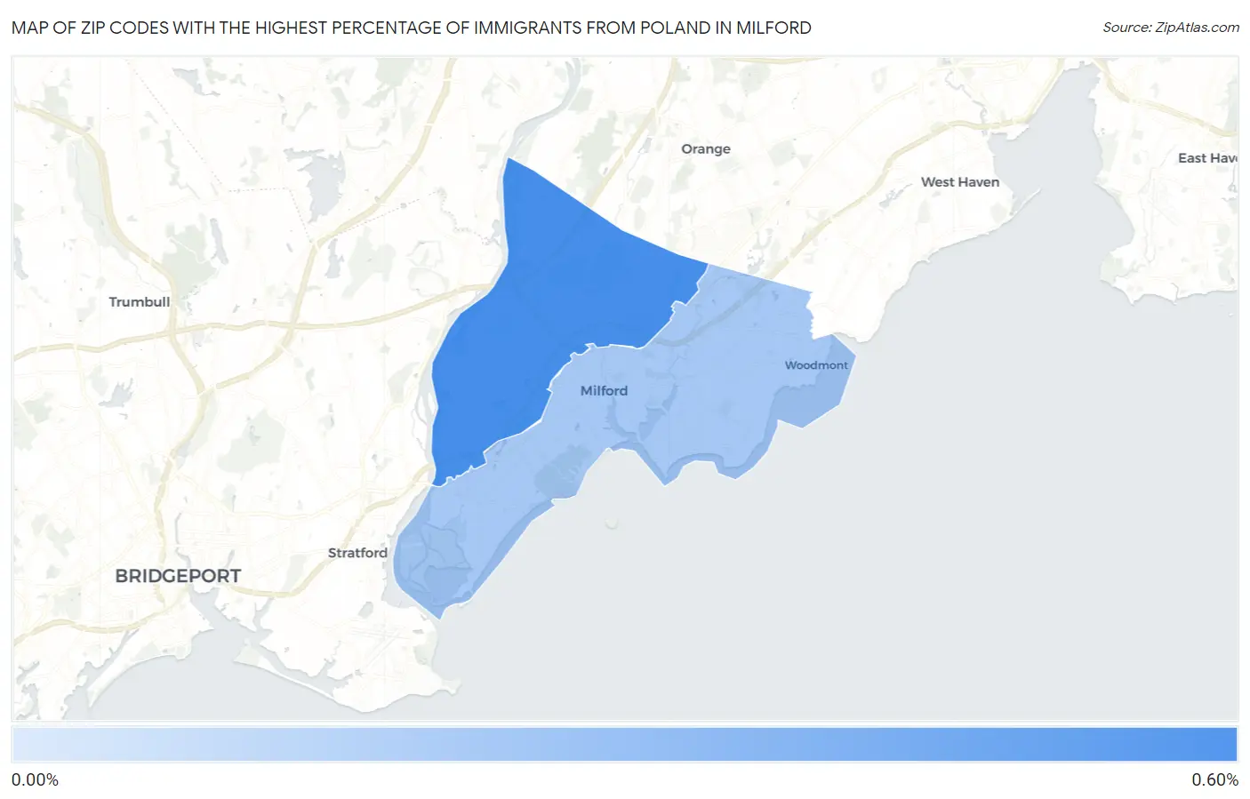 Zip Codes with the Highest Percentage of Immigrants from Poland in Milford Map