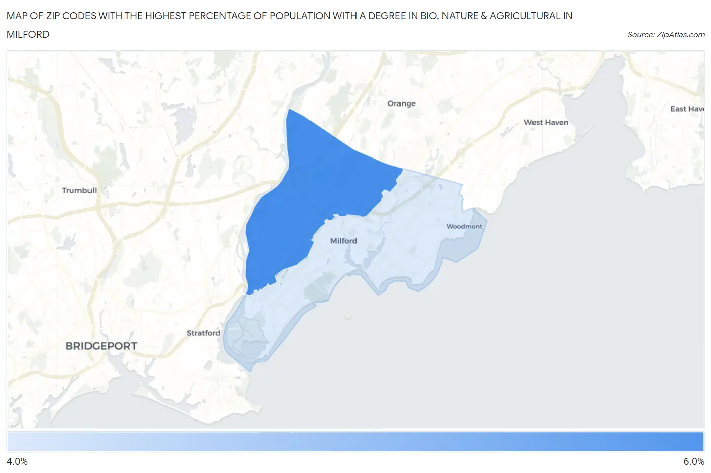 Zip Codes with the Highest Percentage of Population with a Degree in Bio, Nature & Agricultural in Milford Map