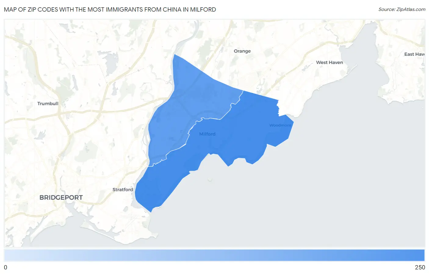 Zip Codes with the Most Immigrants from China in Milford Map