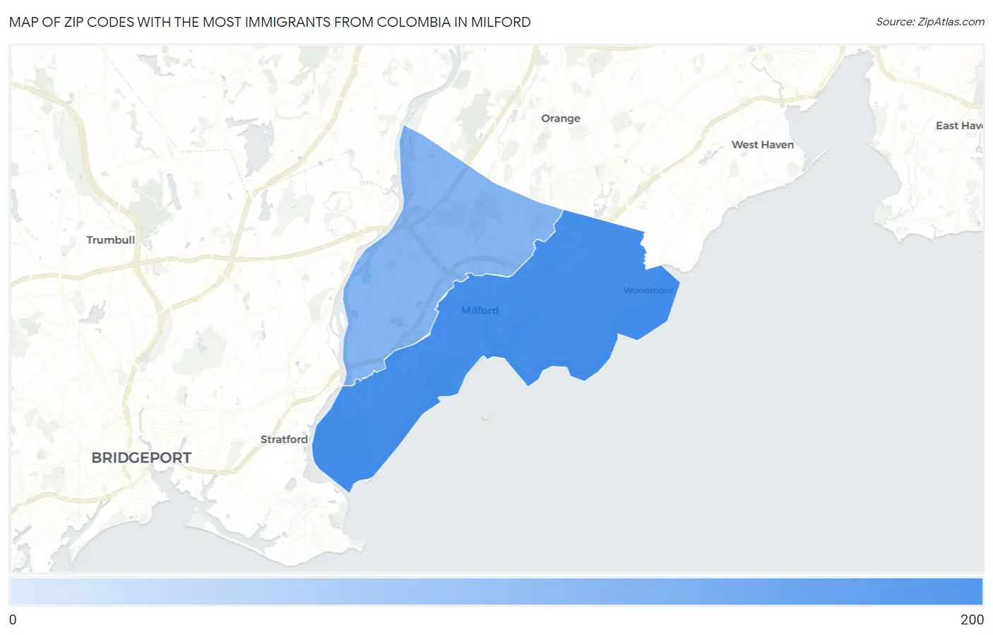 Zip Codes with the Most Immigrants from Colombia in Milford Map