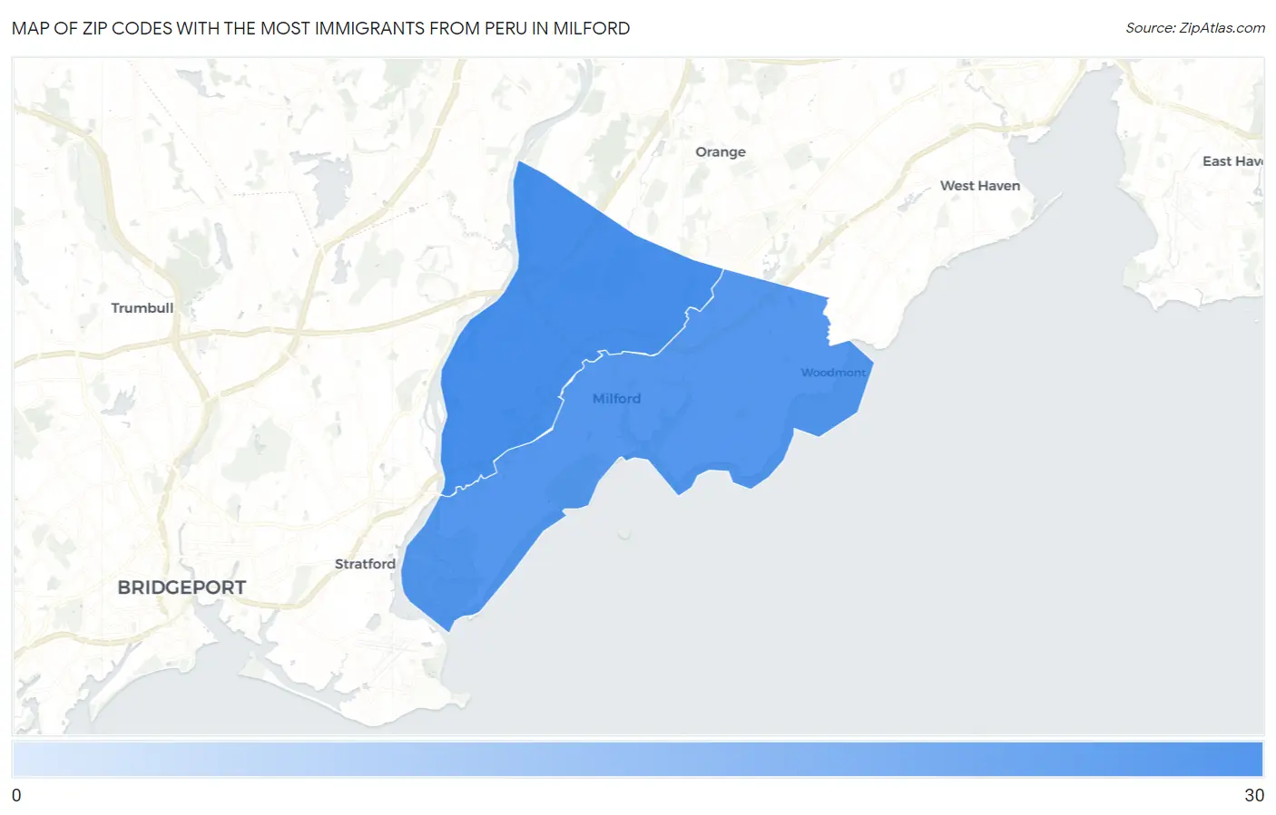 Zip Codes with the Most Immigrants from Peru in Milford Map