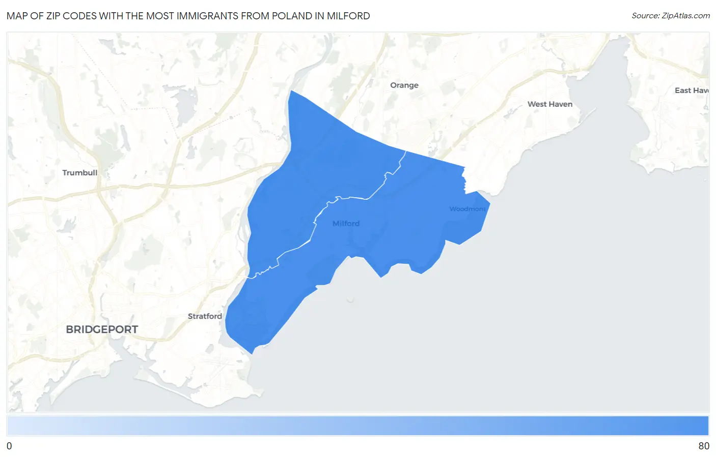 Zip Codes with the Most Immigrants from Poland in Milford Map