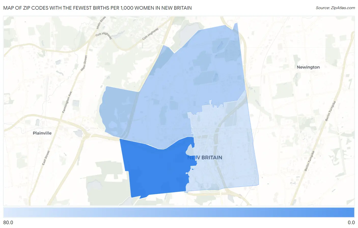 Zip Codes with the Fewest Births per 1,000 Women in New Britain Map