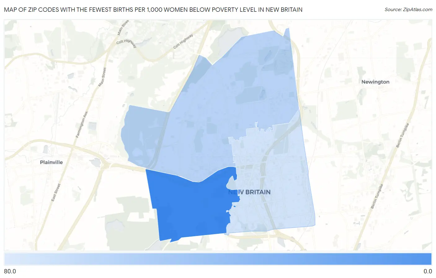 Zip Codes with the Fewest Births per 1,000 Women Below Poverty Level in New Britain Map