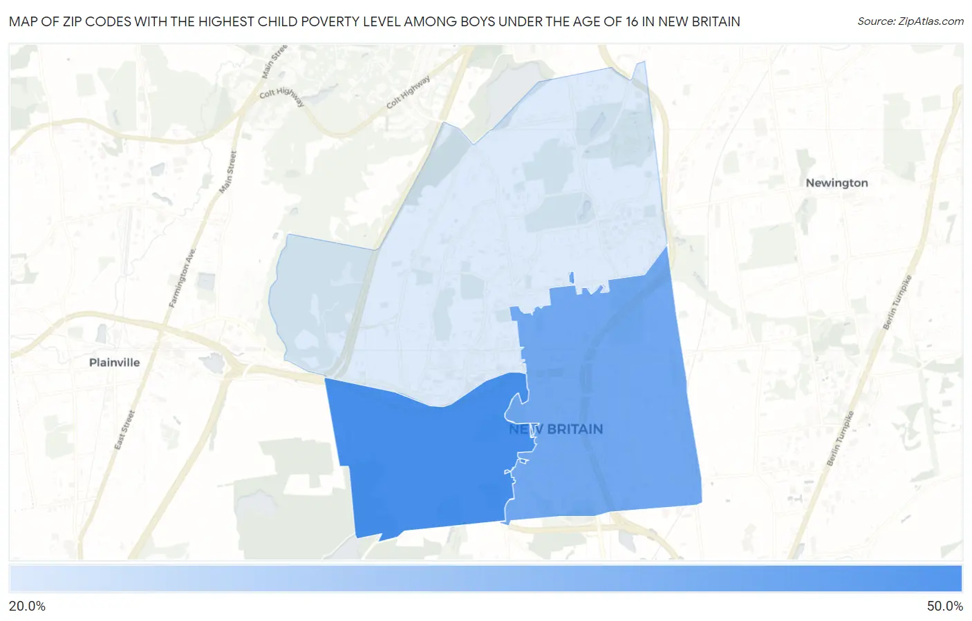 Zip Codes with the Highest Child Poverty Level Among Boys Under the Age of 16 in New Britain Map