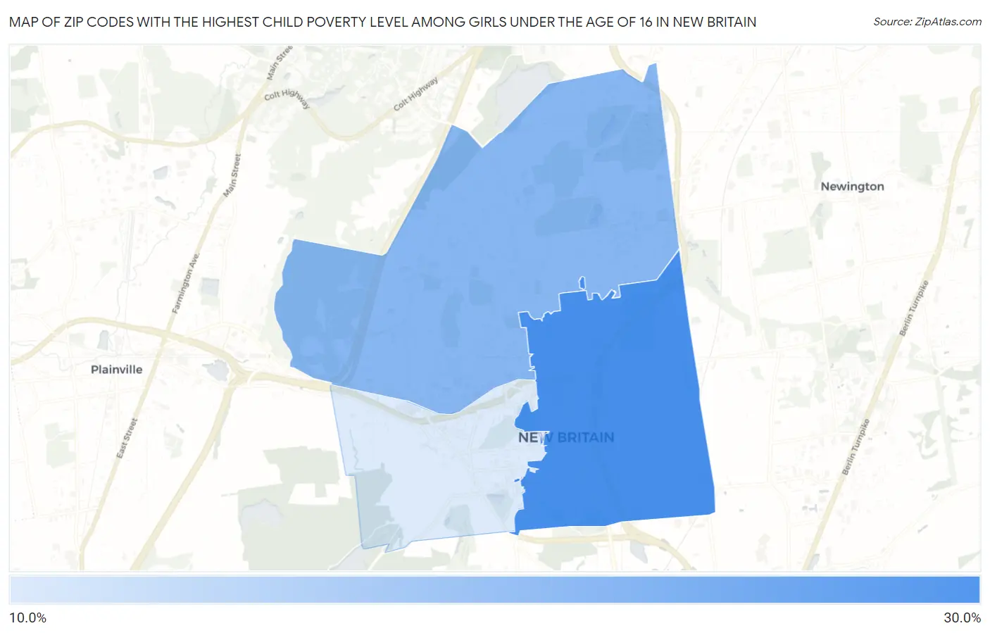 Zip Codes with the Highest Child Poverty Level Among Girls Under the Age of 16 in New Britain Map