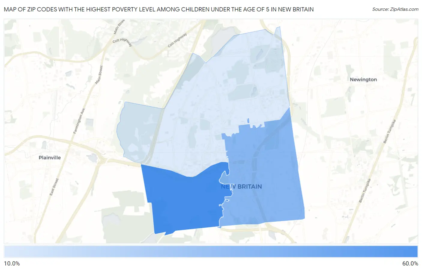 Zip Codes with the Highest Poverty Level Among Children Under the Age of 5 in New Britain Map