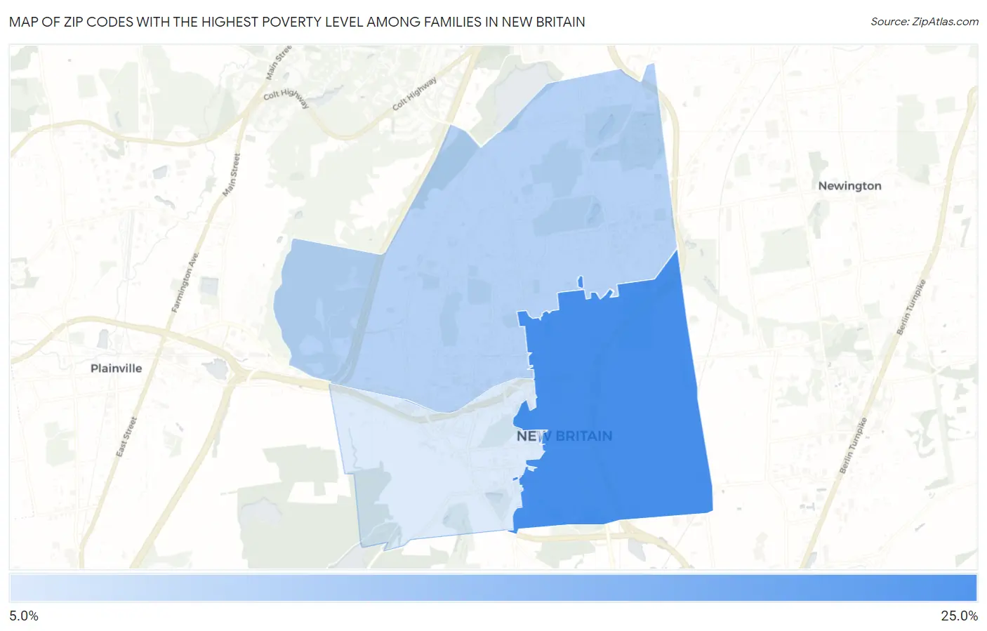 Zip Codes with the Highest Poverty Level Among Families in New Britain Map