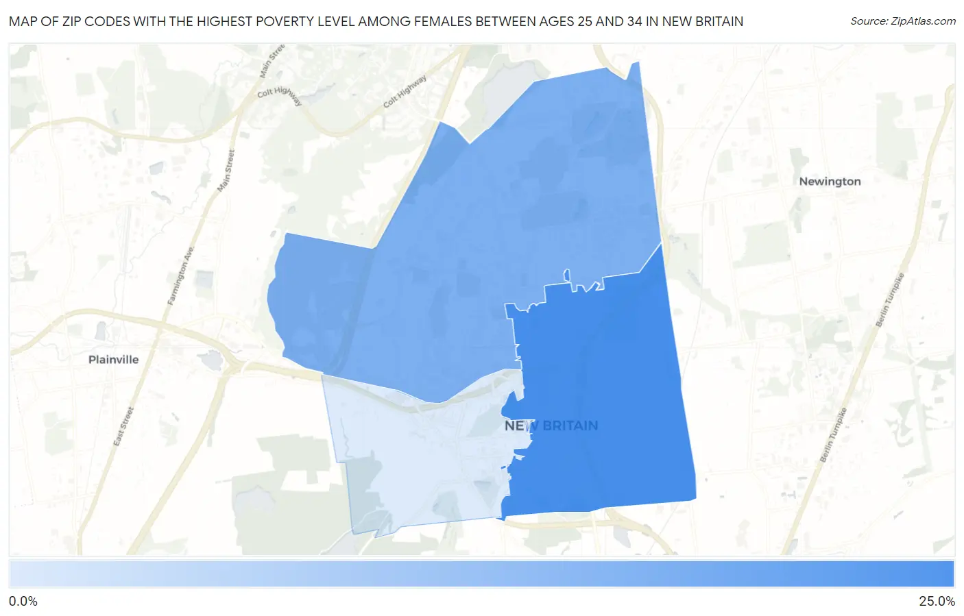Zip Codes with the Highest Poverty Level Among Females Between Ages 25 and 34 in New Britain Map