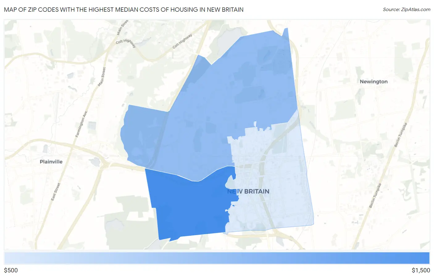 Zip Codes with the Highest Median Costs of Housing in New Britain Map